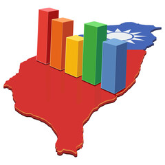 3D bar chart representing economic growth, financial statistics, or data analysis on a map of Taiwan with flag (cut out)