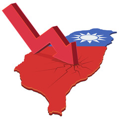 A red downward arrow crashing into a map of Taiwan with national flag colors. Symbolizes economic crisis, market crash, or financial recession in the country. (cut out)