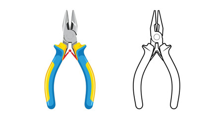 Two pliers a colored version and a black and white outline illustration