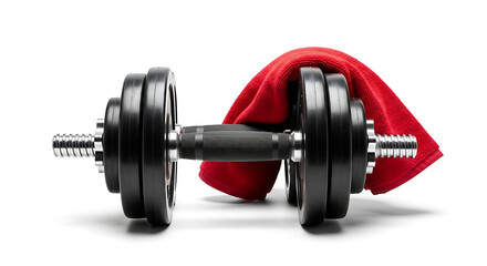 Adjustable dumbbell with red towel on white background
