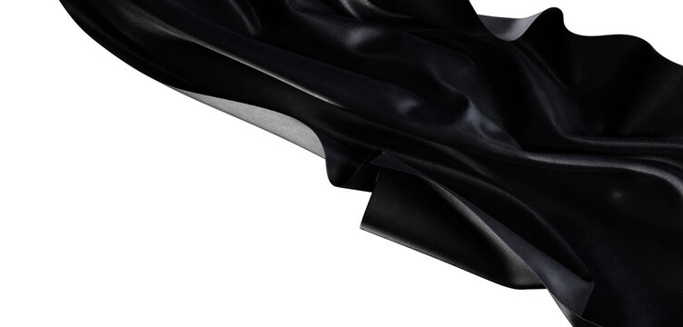 Abstract black fabric isolated on white background. Flowing textile with texture and highlights. Perfect for design, fas