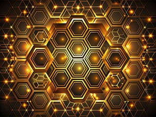 Abstract golden hexagonal grid with futuristic digital network connections and glowing lights