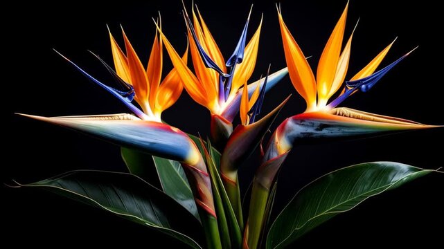 Three exotic Bird of Paradise flowers with vibrant orange, blue, and white petals against a dark background.