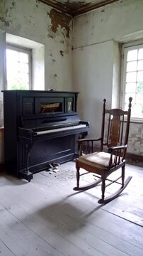 Abandoned room with upright piano and rocking chair dusty and decaying
