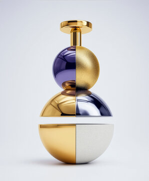 Surreal luxury perfume bottle with gold and chrome geometric spheres on clean background