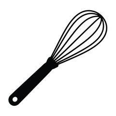 A simple black silhouette of a kitchen whisk on a white background