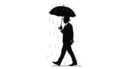 Silhouette of a man walking with an umbrella in the rain