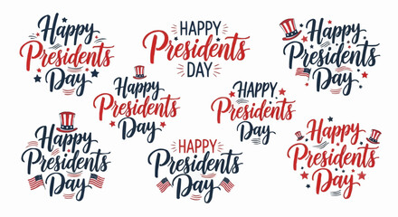 Fototapeta premium Collection of happy presidents day hand lettered calligraphy phrases with patriotic american flag elements and top hats for holiday