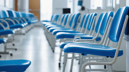 Fototapeta premium Hospital waiting room with empty blue chairs