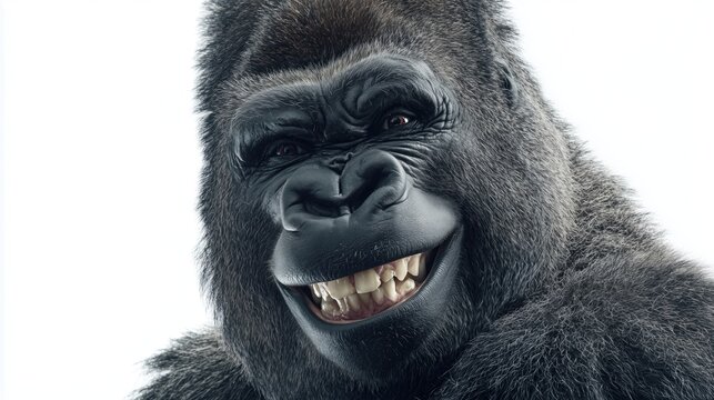 Close-up portrait of silverback gorilla laughing with wide open mouth baring large fangs on plain white background for viral meme