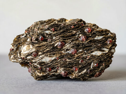 Biotite schist specimen featuring a dense flaky aggregate of dark mica crystals with strong metamorphic foliation.