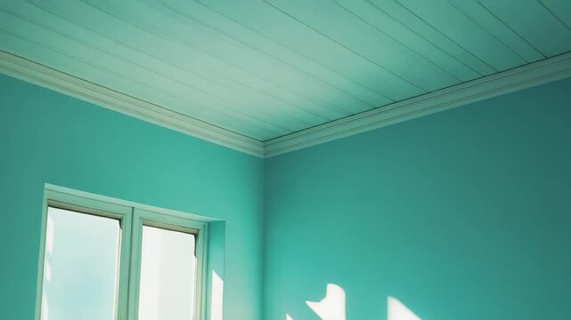 Sunlight streams through a window, creating sharp, rectangular shadows of the window frame on a vibrant turquoise wall, highlighting a minimalist and peaceful interior