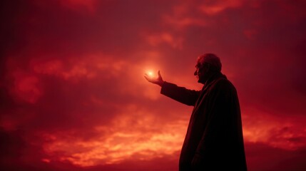 Fototapeta premium Elderly male silhouette against fiery sunset sky holding glowing light.