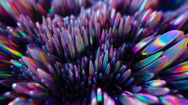 Iridescent liquid-crystal textures morphing in 3D, ultra-futuristic palette, 8K, 2026
