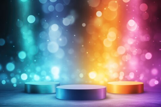 Colorful abstract background with three podiums and bokeh lights for creative display