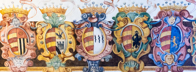 Antique heraldic banner. Medieval decoration ornament, vintage shield shape.