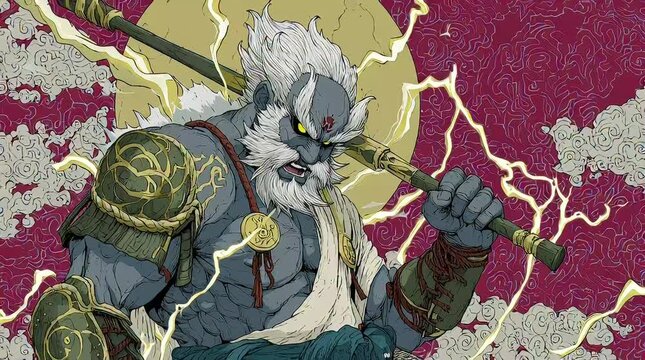Animation of Anime Raijin Japanese Thunder God in Stormy Sky with Lightning Striking Around