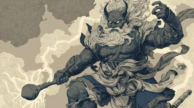 Animation of Anime Raijin Japanese Thunder God in Stormy Sky with Lightning Striking Around