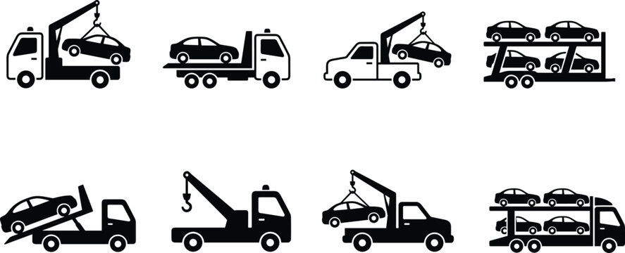 Silhouette icons of tow trucks and car transport vehicles for roadside assistance, logistics, recovery, and automotive service design in vector format