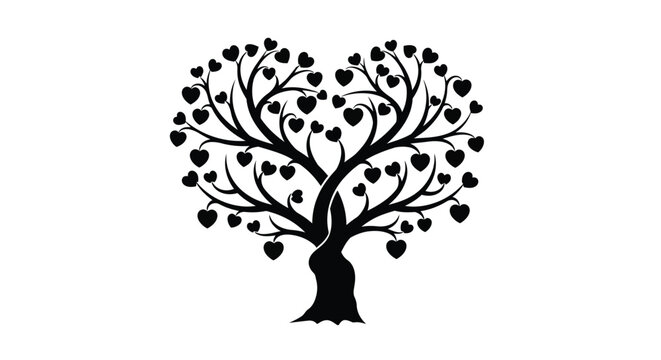 A black silhouette of a tree shaped like a heart with leaf hearts