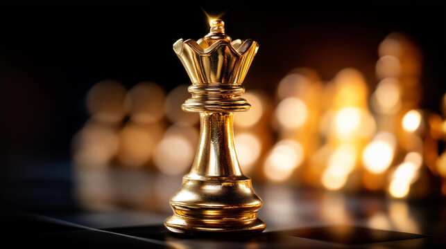 Gold chess queen piece with movement strategy focus, power leadership success concept, dark board dramatic mood, blurred pieces, defocused game, with copy space