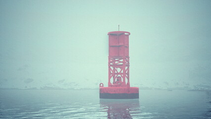 A solitary bright red buoy floats in calm waters, surrounded by thick fog and soft light. Mist drapes over the landscape, creating a serene atmosphere on this quiet day. © icetray