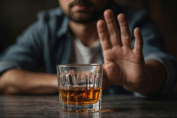 Hand of man pushing a glass of alcohol away on the table