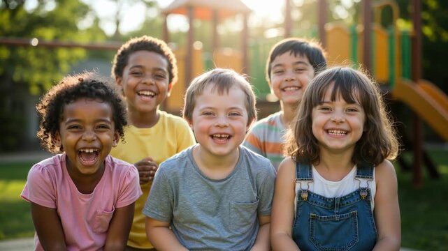Diverse group of children laughing together outdoors in sunlight. Kids with Down syndrome and different ethnicities enjoying playground. Inclusion concept. Friendship without boundaries. Childhood joy