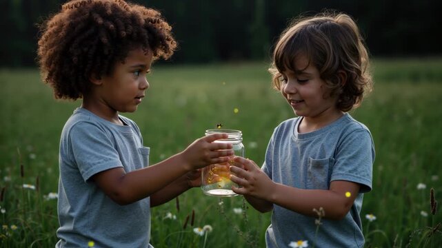 Two diverse children catching fireflies in a glass jar at dusk. Little boy and girl exploring nature in a summer meadow at night. Childhood wonder and curiosity concept