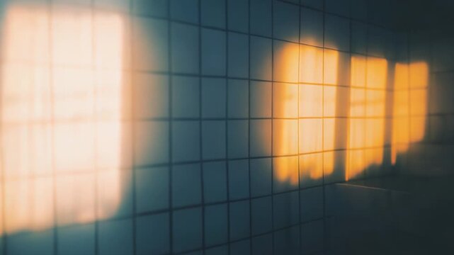 Warm sunlight casts rectangular reflections and abstract shadows across a cool blue grey tiled surface, creating a peaceful and serene dual tone background