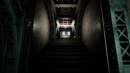 A long staircase winds upward through a dark corridor. The dim lighting creates a mysterious atmosphere, highlighting the age and architectural beauty of the surroundings. © icetray