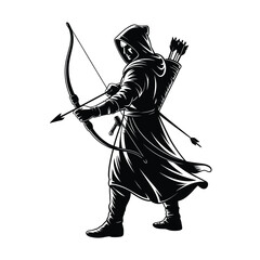 A hooded archer prepares to release an arrow with a drawn bow