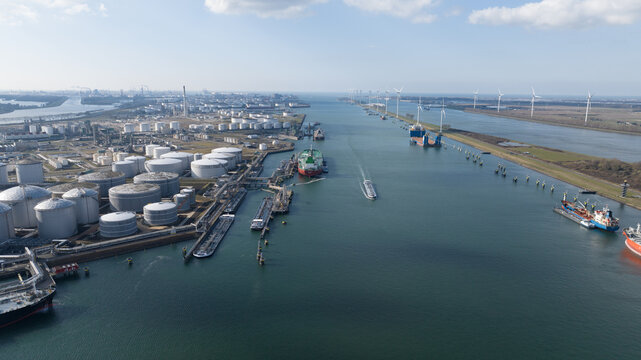 Rotterdam industrial port terminal storing oil and gas
