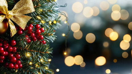 Obraz premium Festive Christmas wreath adorned with golden ribbon, red berries, and twinkling lights creates warm holiday atmosphere