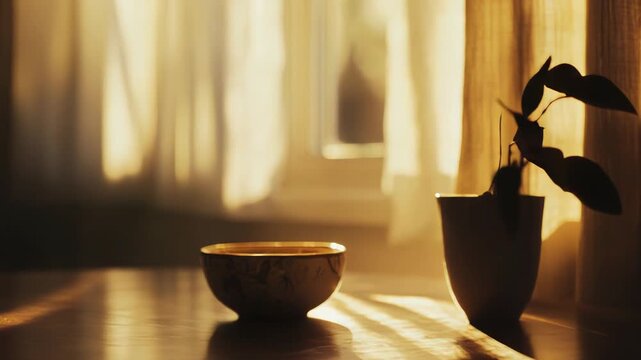 Golden sunlight entering through a window creating long shadows on a wooden table, featuring an empty bowl and a potted plant silhouette, imparting a peaceful, cozy, and minimalist mood