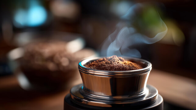 Coffee bean grinder with steam aroma rising, brown closeup vintage design, grinding detail warm mood, aromatic focus, defocused coffee preparation, with copy space