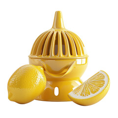 Bright yellow lemon juicer next to fresh lemons