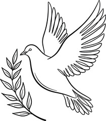 Fototapeta premium Continuous Line Art Illustration of a Flying Peace Dove Carrying an Olive Branch Symbolizing Hope Freedom and Spirituality in Minimalist Black and White Style