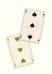 A pair of vintage playing cards of the same value in sepia on a white background.
