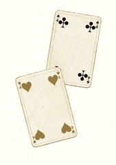 A pair of vintage playing cards of the same value in sepia on a white background.