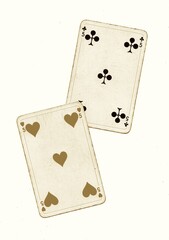 A pair of vintage playing cards of the same value in sepia on a white background.