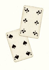 A pair of vintage playing cards of the same value in sepia on a white background.