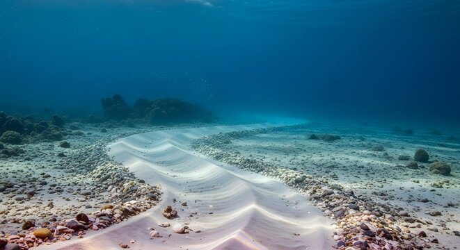 Underwater scene with a sandy seabed and a large marine creature