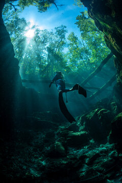 Freediver exploring crystal clear springs in Florida