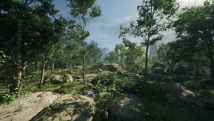 Fototapeta premium Sunlight streams through the lush canopy of trees, highlighting rocks and greenery in a serene forest setting. Birds chirp as nature thrives in this peaceful environment.