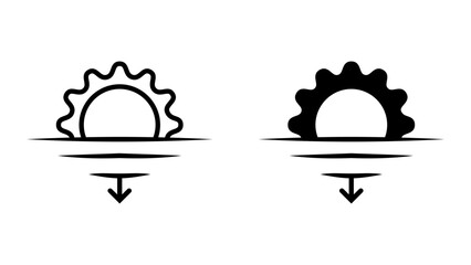 Sunset icon set. illustration of a sunset over water with an arrow pointing downwards, symbolizing setting or going down. Suitable for a wide range of applications.