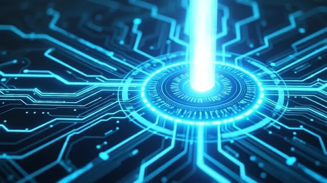 AI glowing circuit portal with neon HUD and futuristic interface design