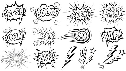 Set of Comic Book Speech Bubbles and Explosion Elements Like Boom, Zap, Crash on Isolated White Background © ndowi