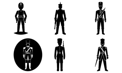 Collection of historical military figures standing in various poses and attire, showcasing different uniforms, weapons, and headgear.