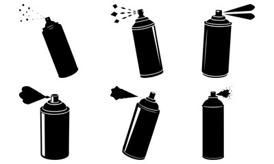 Various spray cans in different positions and actions displayed as black silhouettes on a white background.